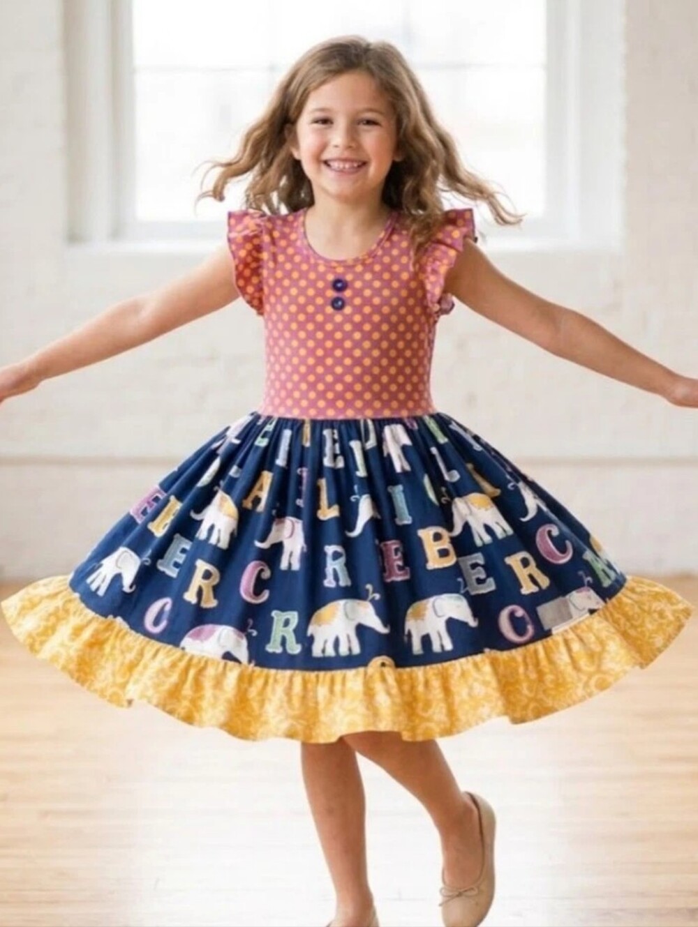 Eleanor Rose Girls Navy Elephant Print Twirl Dress with Pink Polka Dot Bodice 8